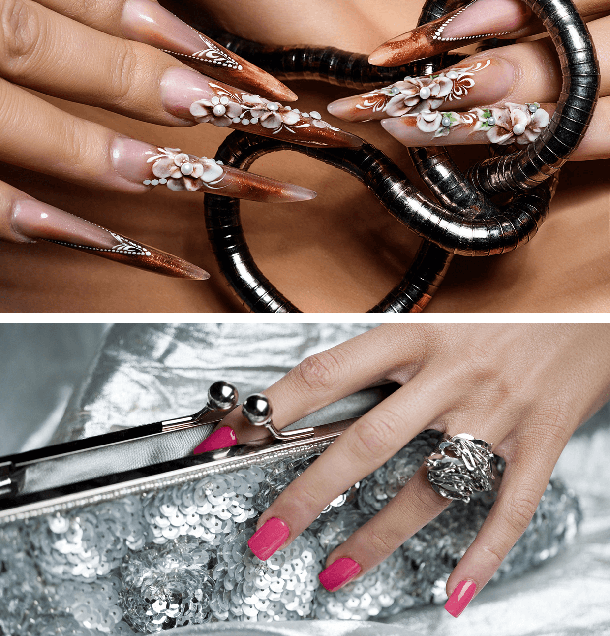 Decorative nails with floral and metallic designs.