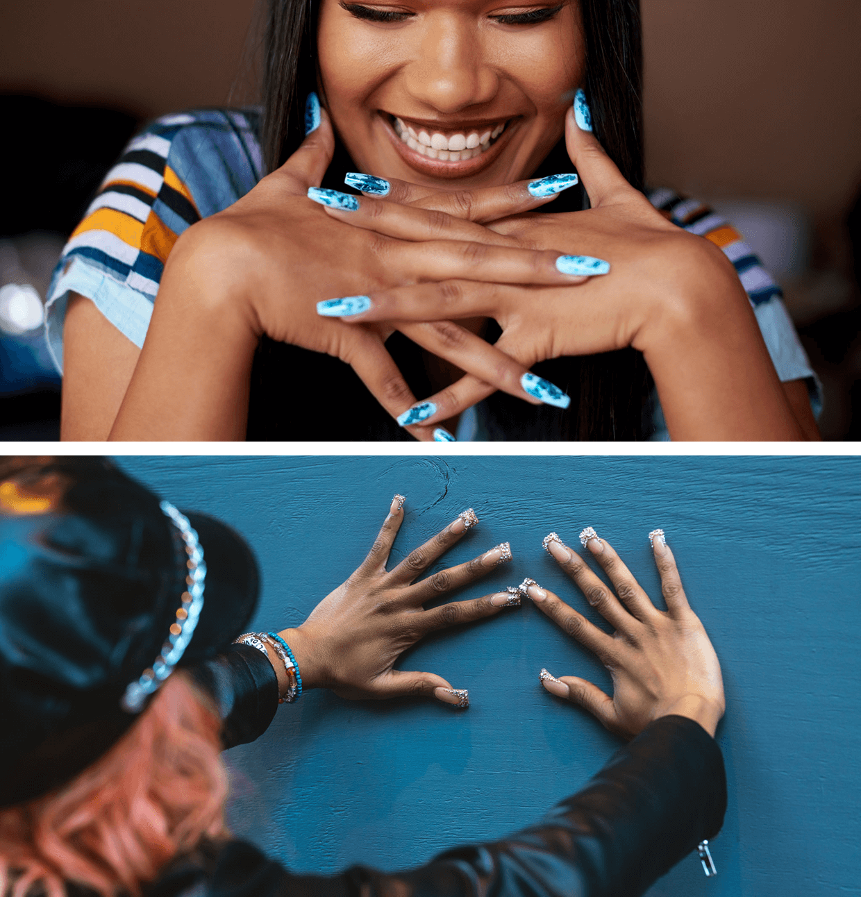 Smiling woman with blue painted nails.